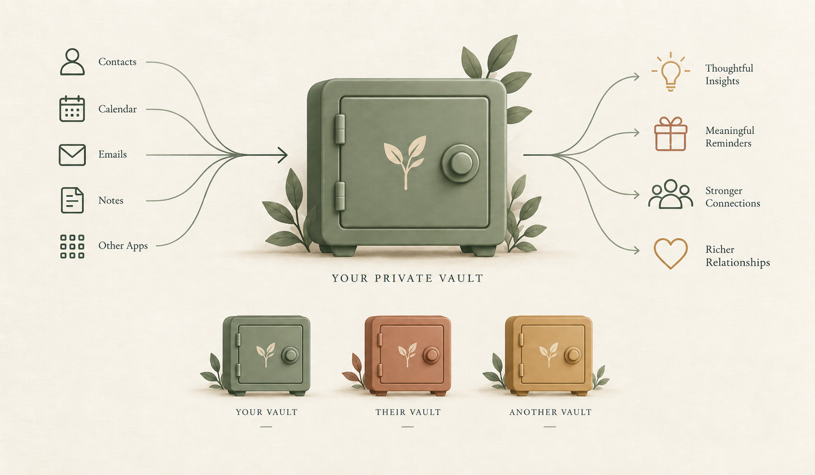 Diagram showing how your chosen contacts, calendar, emails, notes and apps flow into your private Social Gardener vault, and how personalised insights flow out only to you. Three separate vaults illustrate that every user’s data is kept apart.